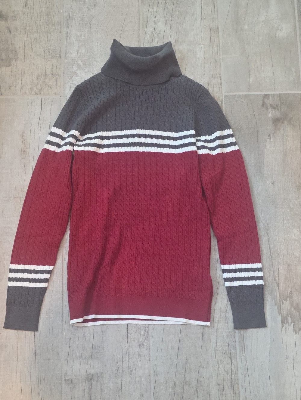 Women's Two-Tone Turtleneck Sweater in Burgundy and Charcoal With White Stripes